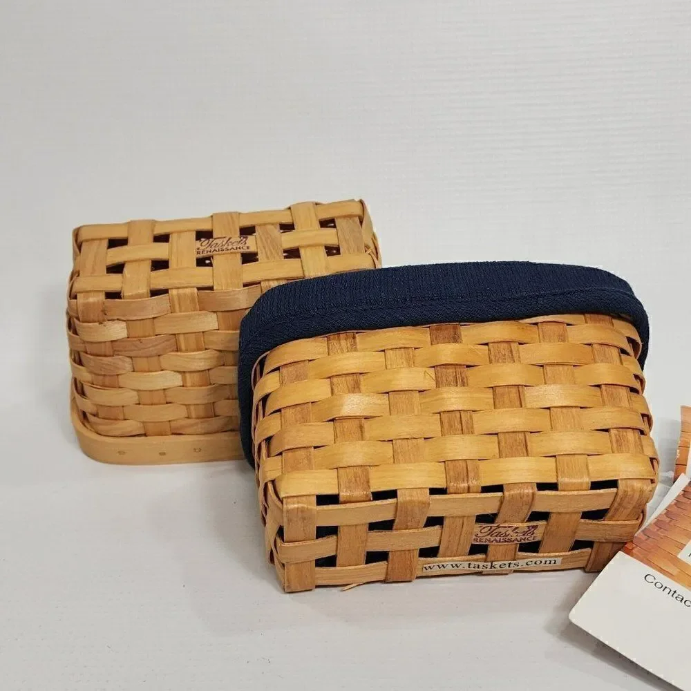 3 Taskets Renaissance Wood Slat Woven Baskets Navy Liner Bow Wow Meow‎